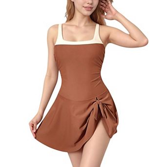 Women's Square Neck Swim Dress with Contrast Trim and Side Bow Skirt Overlay
