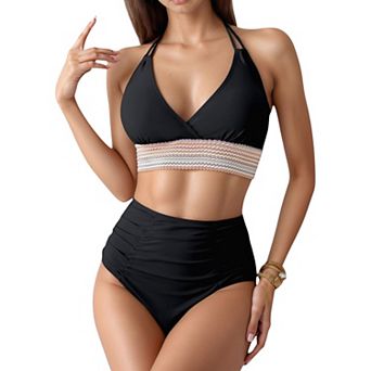 Women's High Waist Bikini Set with Crochet Waistband and Halter V Neck Top