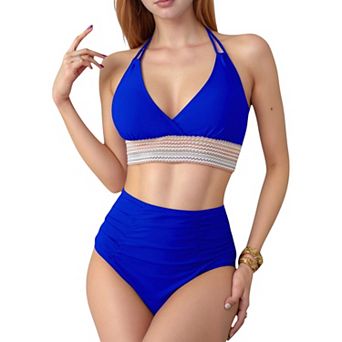 Women's High Waist Bikini Set with Crochet Waistband and Halter V Neck Top