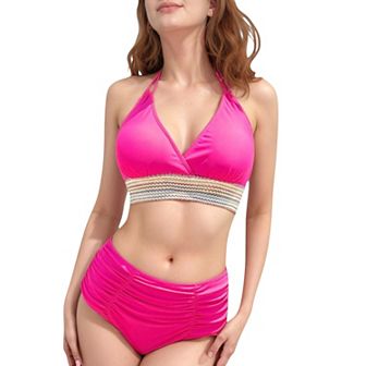 Women's High Waist Bikini Set with Crochet Waistband and Halter V Neck Top