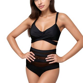 Women's Wrap Bikini Top with Mesh High Waist Bottom for Sleek and Modern Two-Piece Swimsuit Look