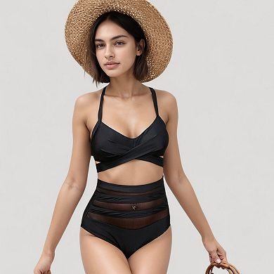 Women's Wrap Bikini Top with Mesh High Waist Bottom for Sleek and Modern Two-Piece Swimsuit Look