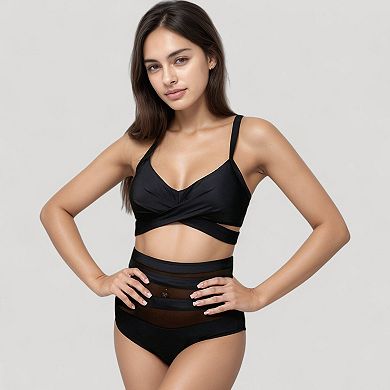 Women's Wrap Bikini Top with Mesh High Waist Bottom for Sleek and Modern Two-Piece Swimsuit Look