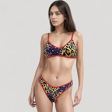 Women's Two Piece Bikini Set with Floral Print and Contrast Trim Scoop Neck and High Leg Bottoms