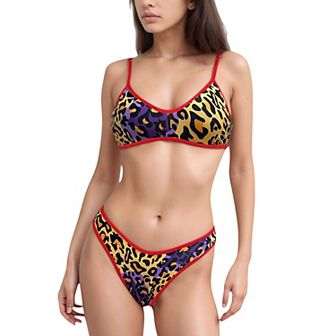 Women's Two Piece Bikini Set with Floral Print and Contrast Trim Scoop Neck and High Leg Bottoms