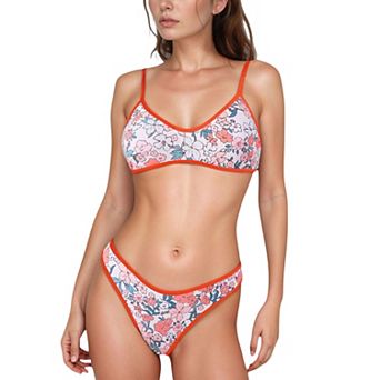 Women's Two Piece Bikini Set with Floral Print and Contrast Trim Scoop Neck and High Leg Bottoms
