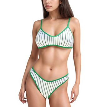 Women's Two Piece Bikini Set with Floral Print and Contrast Trim Scoop Neck and High Leg Bottoms