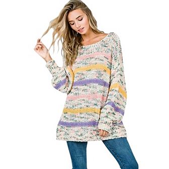 Women's Multicolor Striped Knit Sweater with Balloon Sleeves