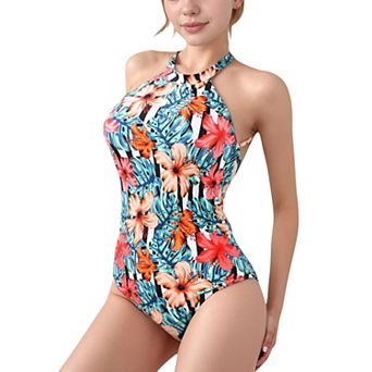 Women's Tropical Floral One Piece Swimsuit with High Neck and Cutout Shoulder Detail