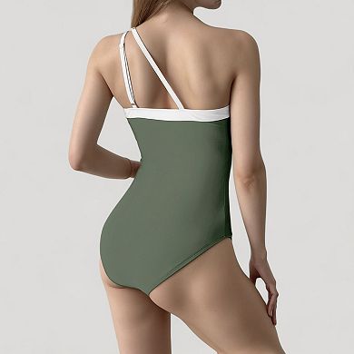 Women's One Shoulder One Piece Swimsuit with Asymmetrical Neckline and Contrast Trim Design