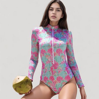 Women's Long Sleeve One Piece Swimsuit with Zip Front and Abstract Fan Shell Print