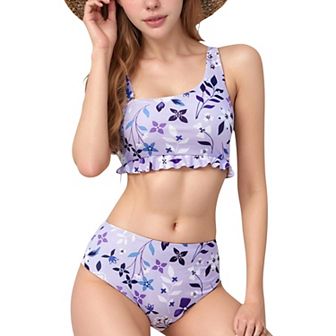 Women's Floral Print Ruffle Trim Bikini Set with Scoop Neck Crop Top and High Waist Bottom
