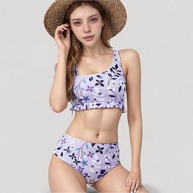 Women's Floral Print Ruffle Trim Bikini Set with Scoop Neck Crop Top and High Waist Bottom