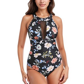 Women's Halter Neck One Piece Swimsuit with Keyhole Front Detail and Floral Patterned Bodice