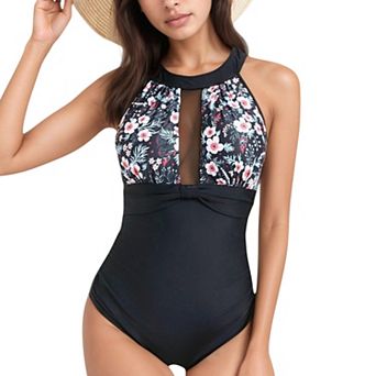 Women's Halter Neck One Piece Swimsuit with Keyhole Front Detail and Floral Patterned Bodice