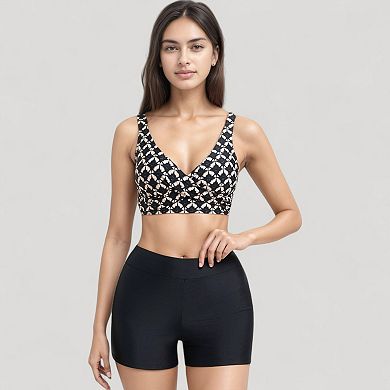 Women's Twist Front Bikini Top and High Waist Swim Shorts Set with Supportive Wide Straps