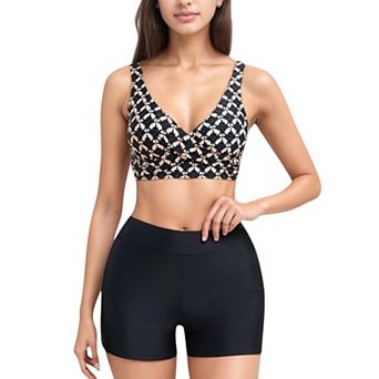 Women's Twist Front Bikini Top and High Waist Swim Shorts Set with Supportive Wide Straps