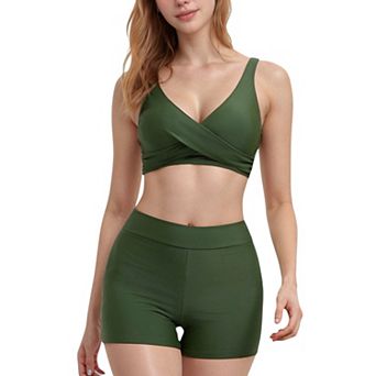 Women's Twist Front Bikini Top and High Waist Swim Shorts Set with Supportive Wide Straps