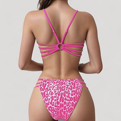 Women's Leopard Print Bikini Set with Scoop Neck Top and Cutout Side Bottoms