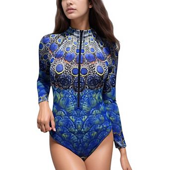 Women's Long Sleeve One Piece Swimsuit with High Neck Front Zip and Peacock Feather Print Design