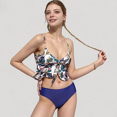 Women's Ruffle Tankini Bikini Set with Tropical Leaf Print Bow Front Detail and Adjustable Straps
