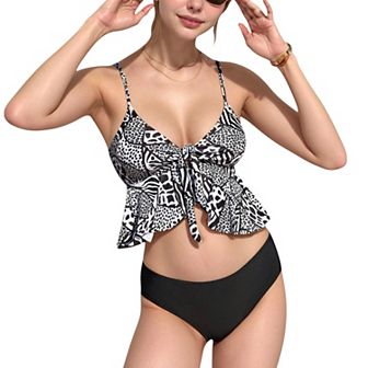 Women's Ruffle Tankini Bikini Set with Tropical Leaf Print Bow Front Detail and Adjustable Straps