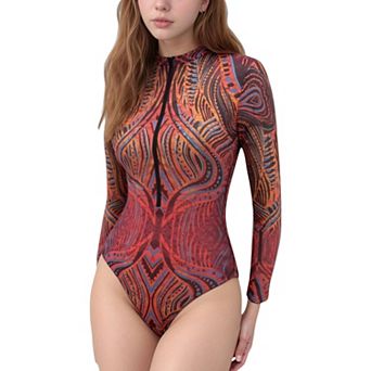 Women's Long Sleeve One Piece Swimsuit with Inspired Print and Front Zipper Detail