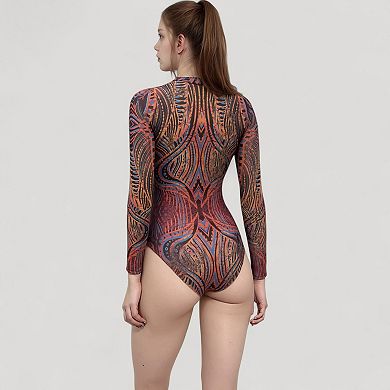 Women's Long Sleeve One Piece Swimsuit with Inspired Print and Front Zipper Detail