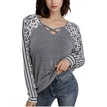 Women's Leopard Print Raglan Sleeve Top with Striped Contrast and Crisscross Neckline