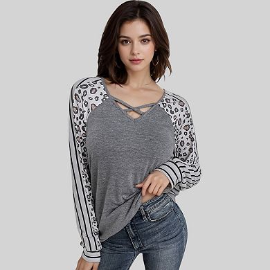 Women's Leopard Print Raglan Sleeve Top with Striped Contrast and Crisscross Neckline