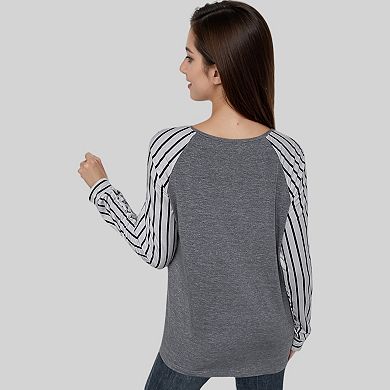 Women's Leopard Print Raglan Sleeve Top with Striped Contrast and Crisscross Neckline