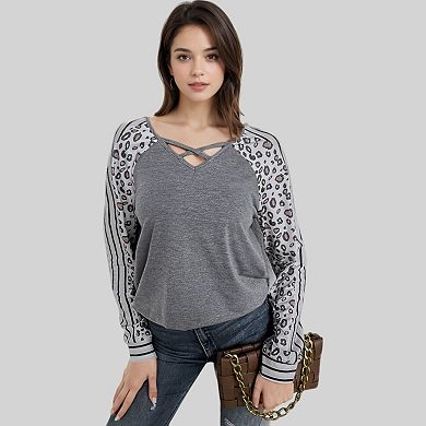 Women's Leopard Print Raglan Sleeve Top with Striped Contrast and Crisscross Neckline
