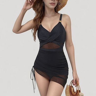 Women's Ruched One Piece Swim Dress with Mesh Waist Detail and Adjustable Side Drawstring