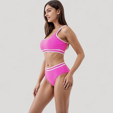 Women's Sporty High Waist Bikini Set with Contrast Trim and Scoop Neck Crop Top