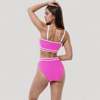 Women's Sporty High Waist Bikini Set with Contrast Trim and Scoop Neck Crop Top