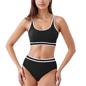 Women's Sporty High Waist Bikini Set with Contrast Trim and Scoop Neck Crop Top