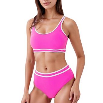 Women's Sporty High Waist Bikini Set with Contrast Trim and Scoop Neck Crop Top