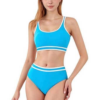 Women's Sporty High Waist Bikini Set with Contrast Trim and Scoop Neck Crop Top