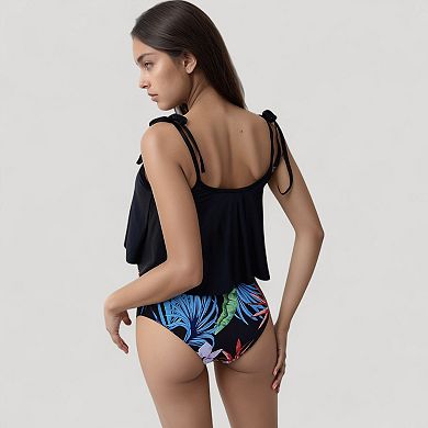 Women's Tankini Swimsuit with Loose Flowy Top and Tropical High Waist Bottom