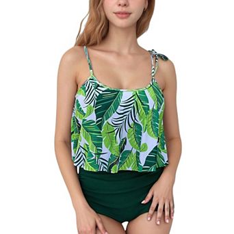 Women's Tankini Swimsuit with Loose Flowy Top and Tropical High Waist Bottom