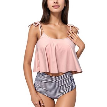 Women's Tankini Swimsuit with Loose Flowy Top and Tropical High Waist Bottom