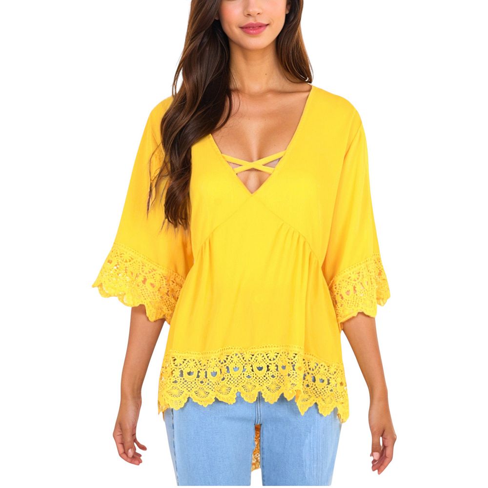 V-Neck Crochet Trim Blouse