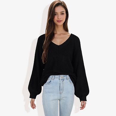 Women's V-Neck Long Sleeve Sweater with Ribbed Cuffs