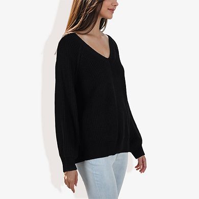 Women's V-Neck Long Sleeve Sweater with Ribbed Cuffs