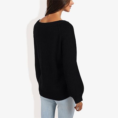 Women's V-Neck Long Sleeve Sweater with Ribbed Cuffs