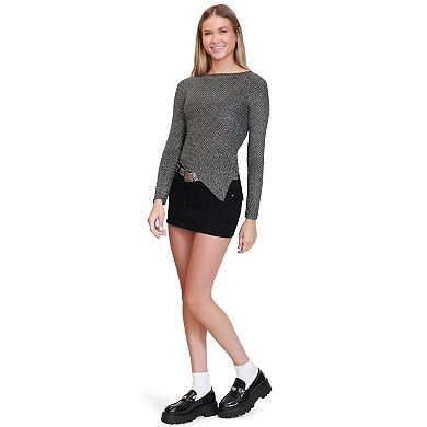 Juniors' madden girl Long Sleeve Side Ruched Asymmetrical Boat Neck Tee
