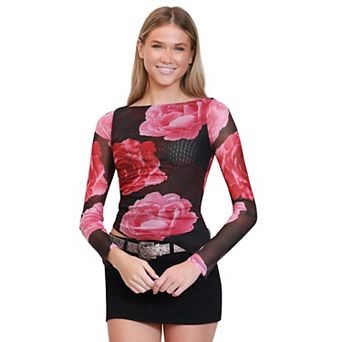 Juniors' madden girl Long Sleeve Side Ruched Asymmetrical Boat Neck Tee