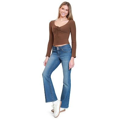 Juniors' madden girl 2-Button Bow Rhinestone Back Pocket Bootcut Jeans