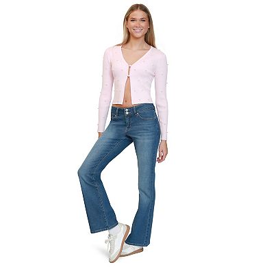 Juniors' madden girl Long Sleeve Button Front Cardigan with Pearls