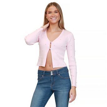 Juniors' madden girl Long Sleeve Button Front Cardigan with Pearls